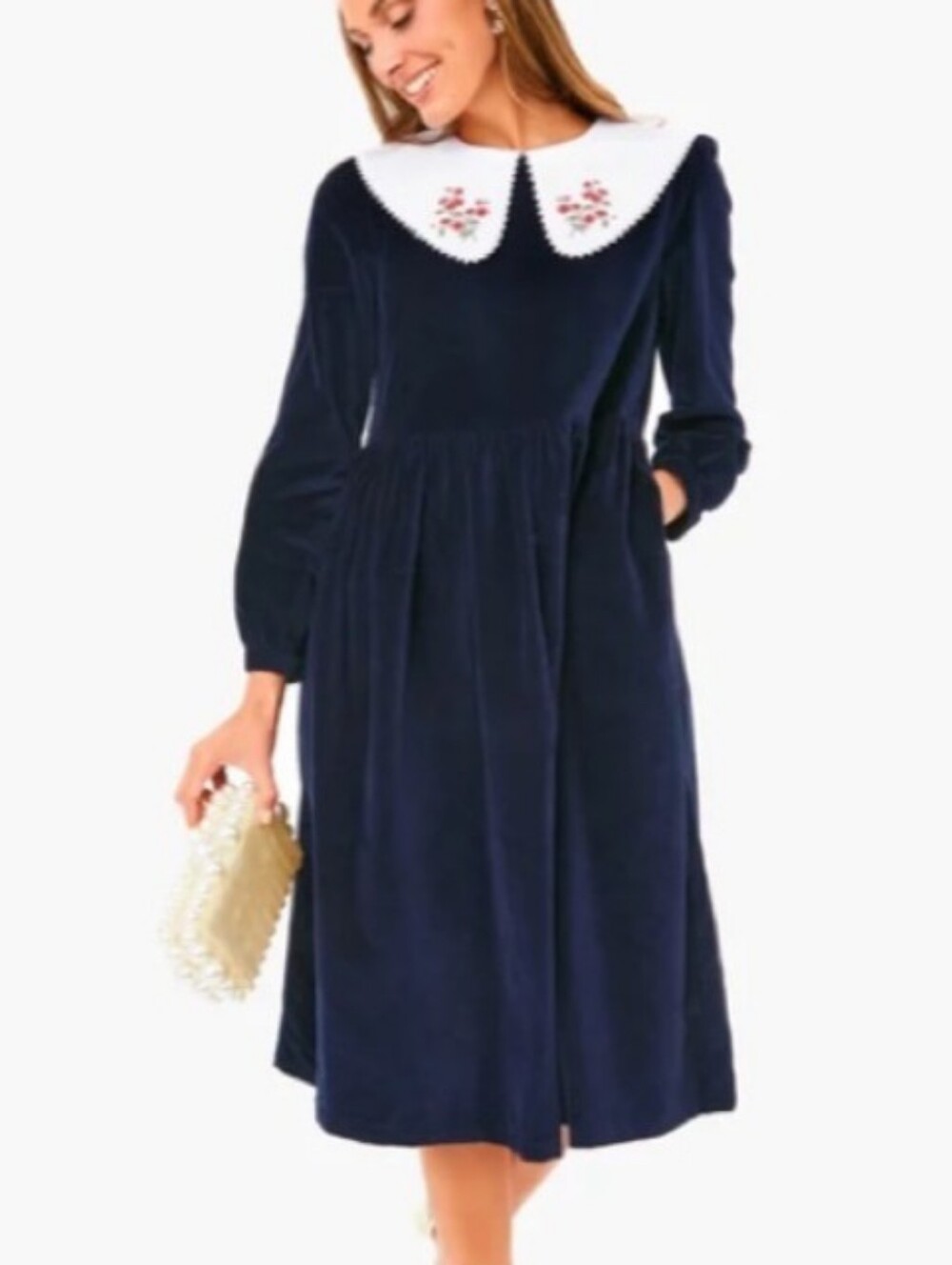 MEADOWS Velvet Dress Pasque Navy Blue Long Sleeve Bib Collar Whimsical Dress